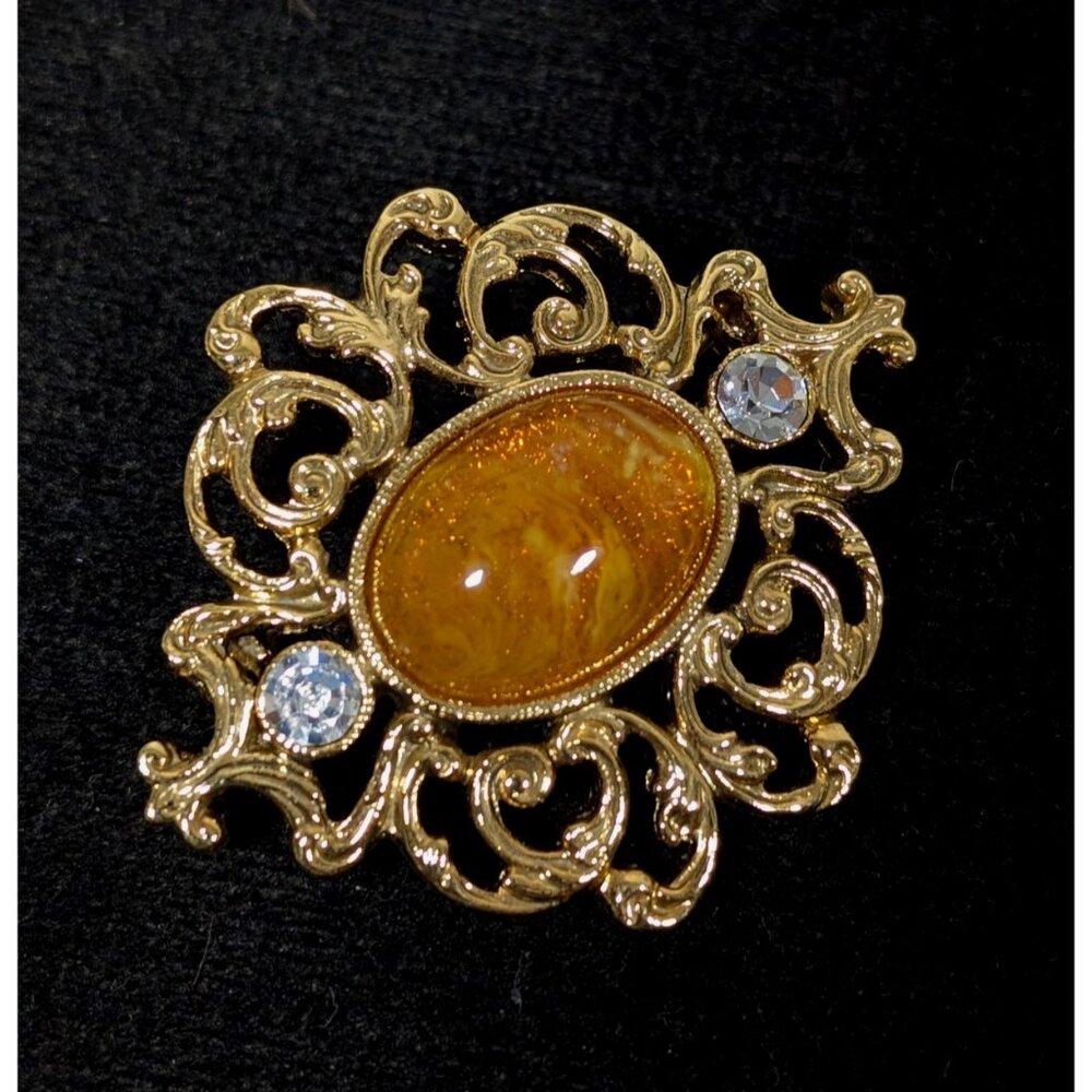 Vintage 1928 Faux Amber Cabochon Victorian Style Brooch Rhinestone Pin Elegant
